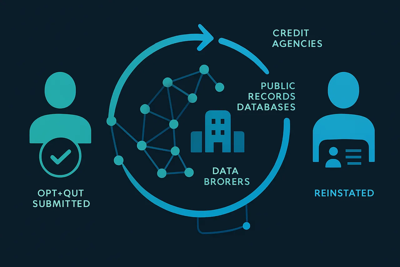 Cyclical diagram showing how personal data reappears on data broker sites despite opt-out requests, with data sources feeding information back in a loop
