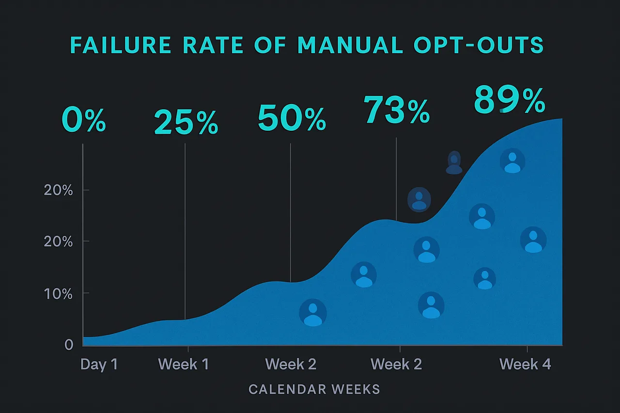 Timeline infographic displaying statistics on how quickly manually opted-out data profiles reappear on broker sites over 30 days